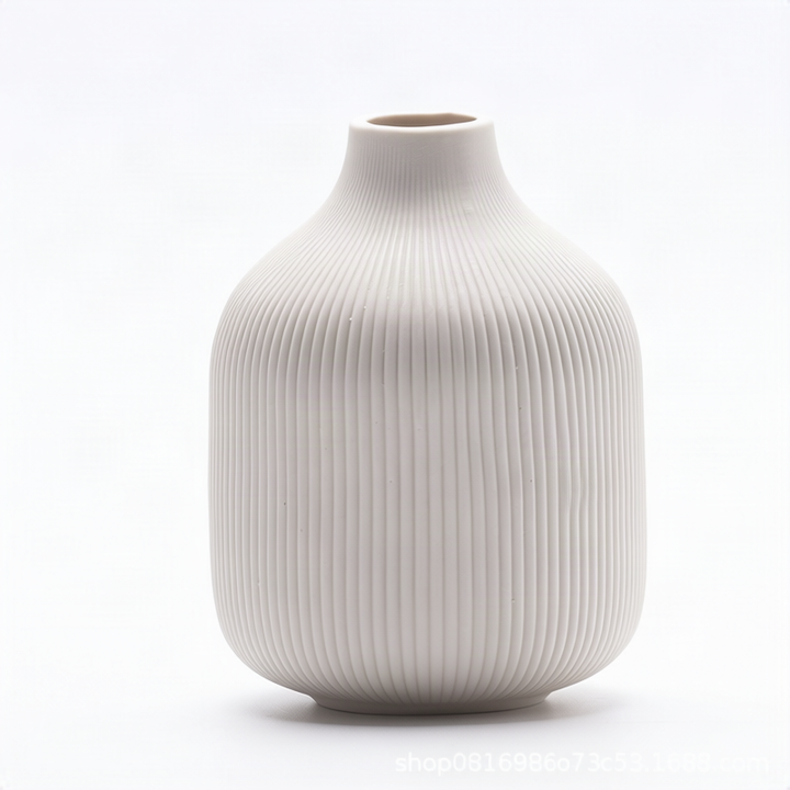 Ceramic flower vase with grooves, modern, white