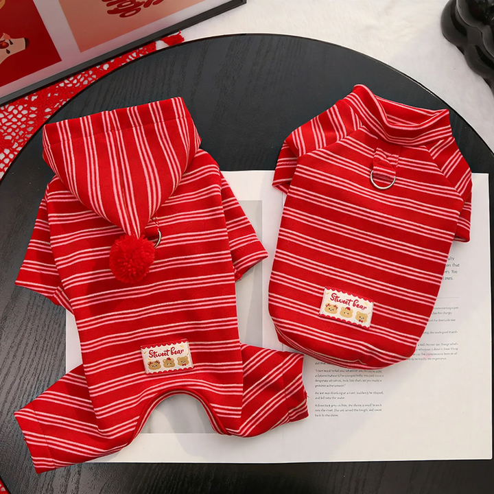Dog sweater with four legs, red striped pattern