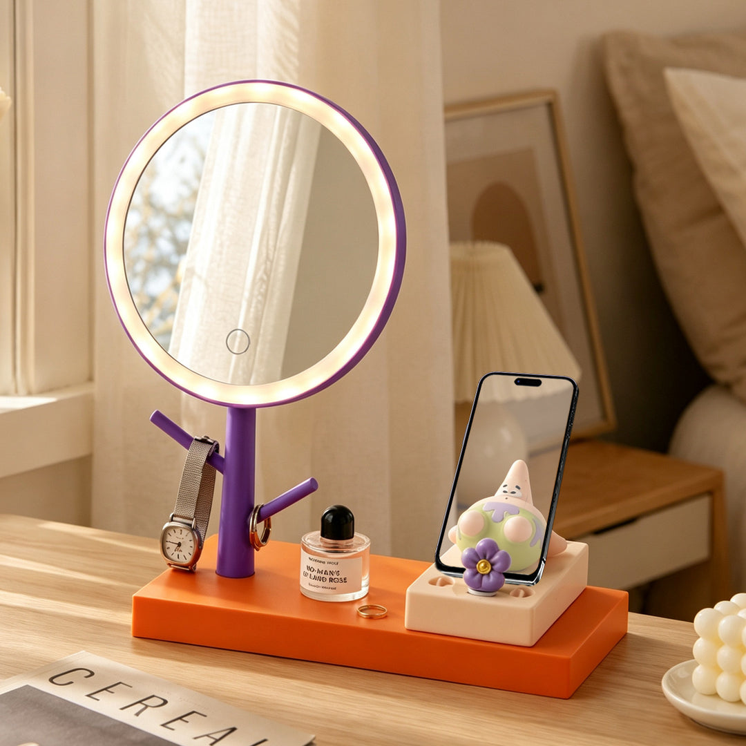 LED cosmetic mirror with phone holder