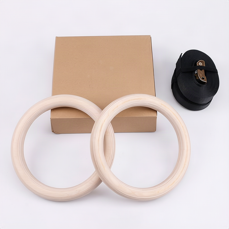 Wooden gymnastics rings with strap
