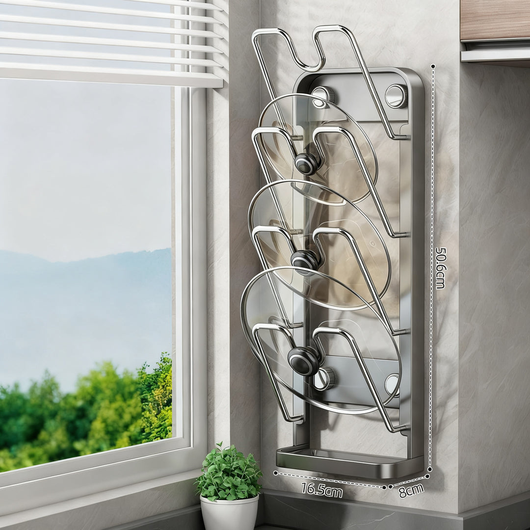 Wall-mounted kitchen shelf for pots and cutting boards