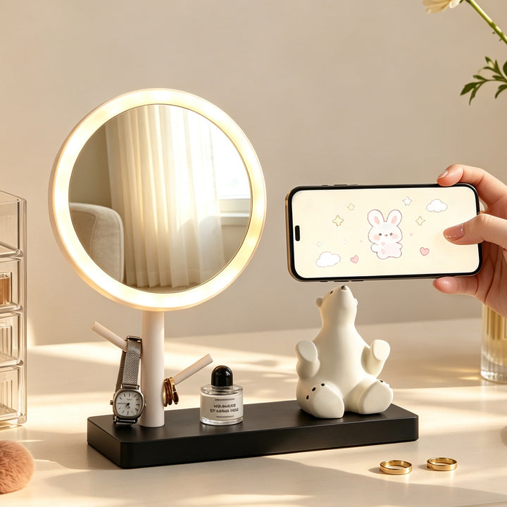 LED cosmetics mirror with phone holder and jewelry holder