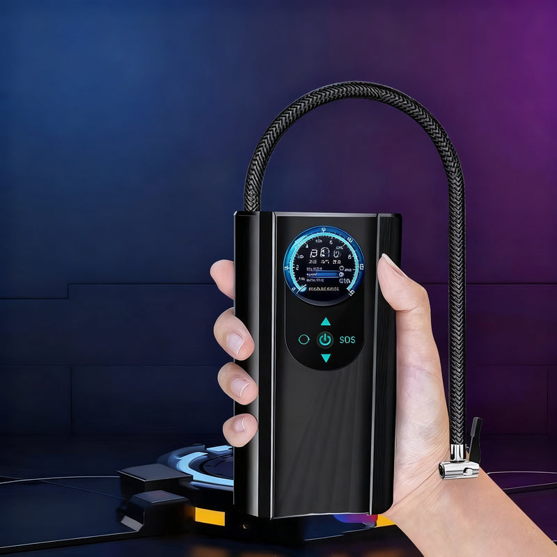 Portable air pump for car tires, digital, double cylinder
