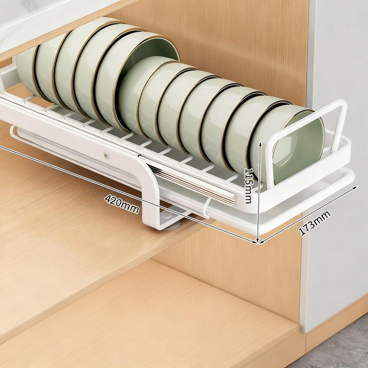 Extendable dish rack for kitchen cabinets