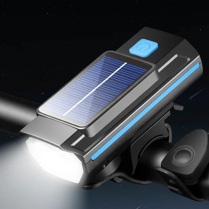 Bicycle light, solar charging, with horn and bell