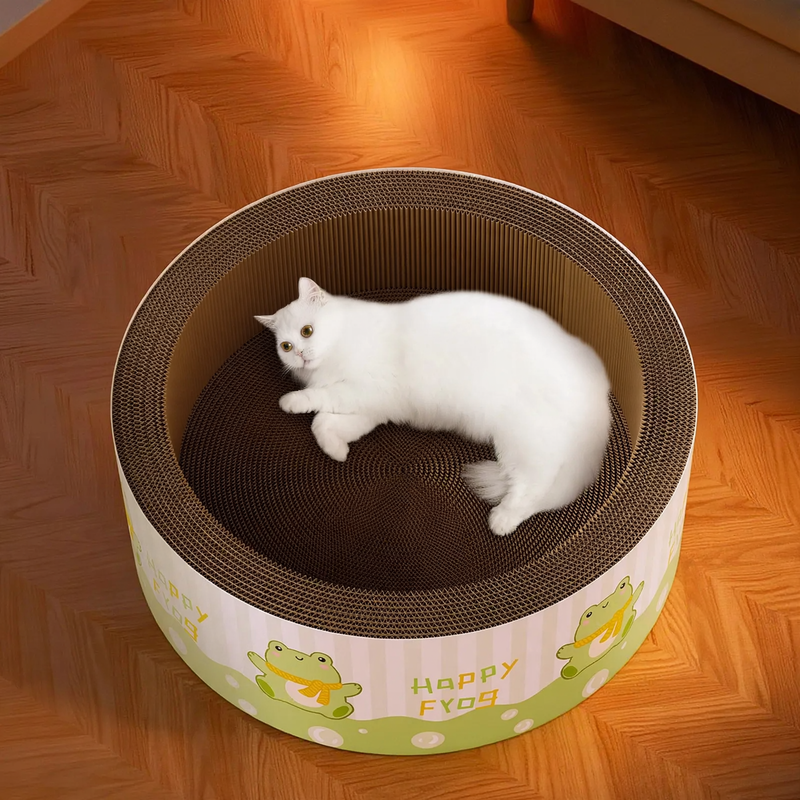 Cat scratching board made of corrugated cardboard with resting bowl