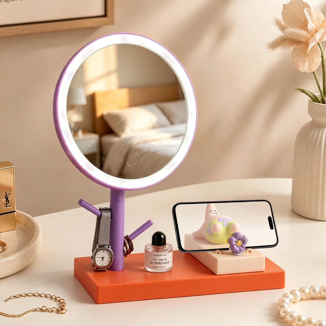 LED cosmetic mirror with phone holder