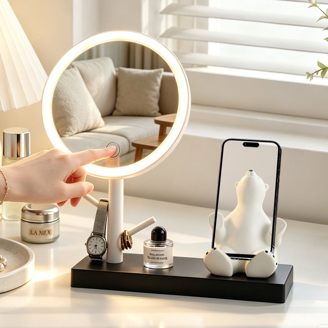 LED cosmetics mirror with phone holder and jewelry holder