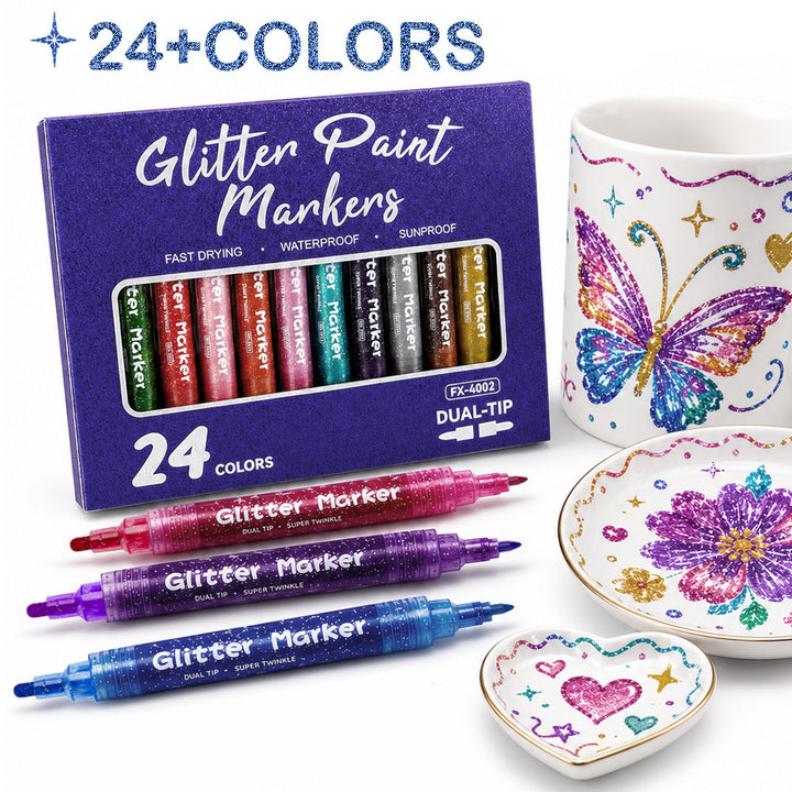 Double-headed marker with glitter effect