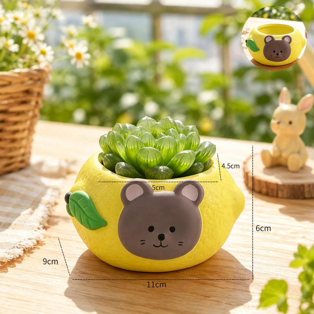Flower pot bear and lemon, ceramic, painted