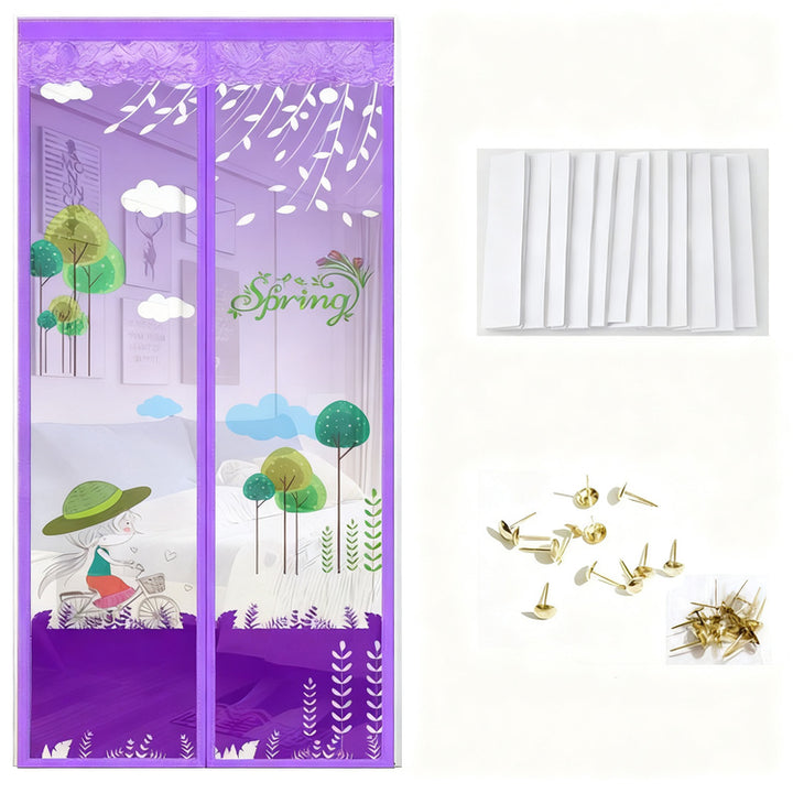 Magnetic insect screen door curtain with designs