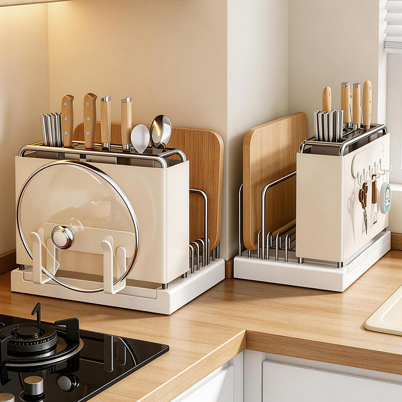 Multifunctional kitchen shelf with knife holder and draining tray