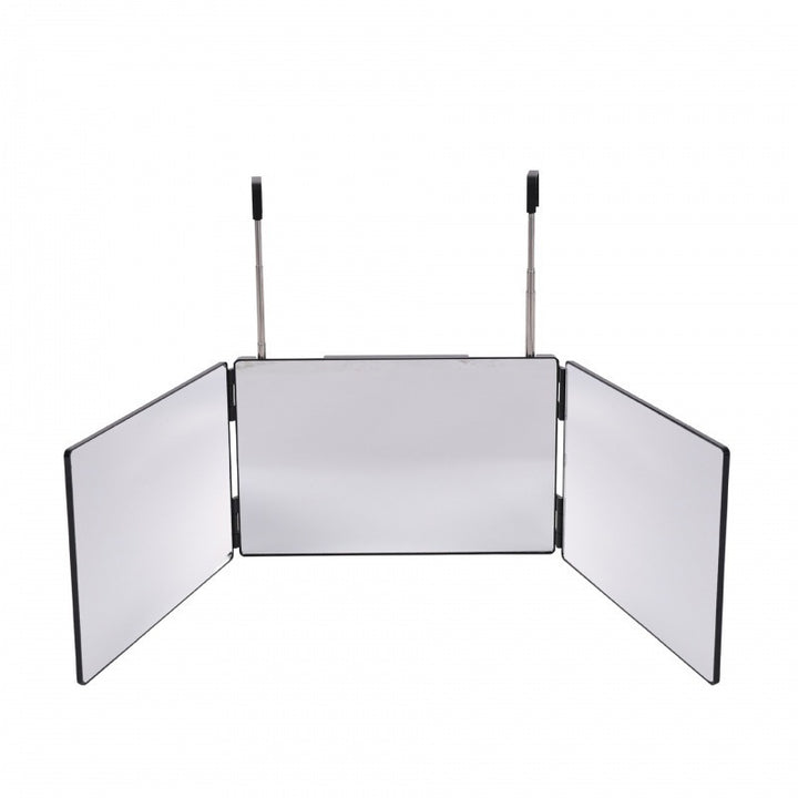 Three-part folding mirror with hooks, optionally with LED