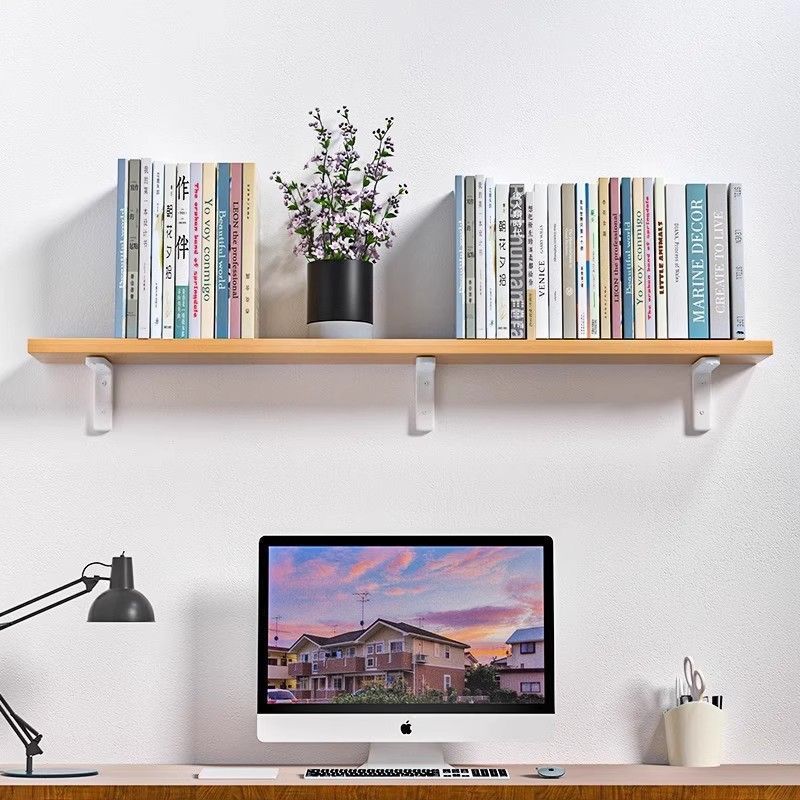 Wooden wall shelf, 140–240 cm, with metal brackets