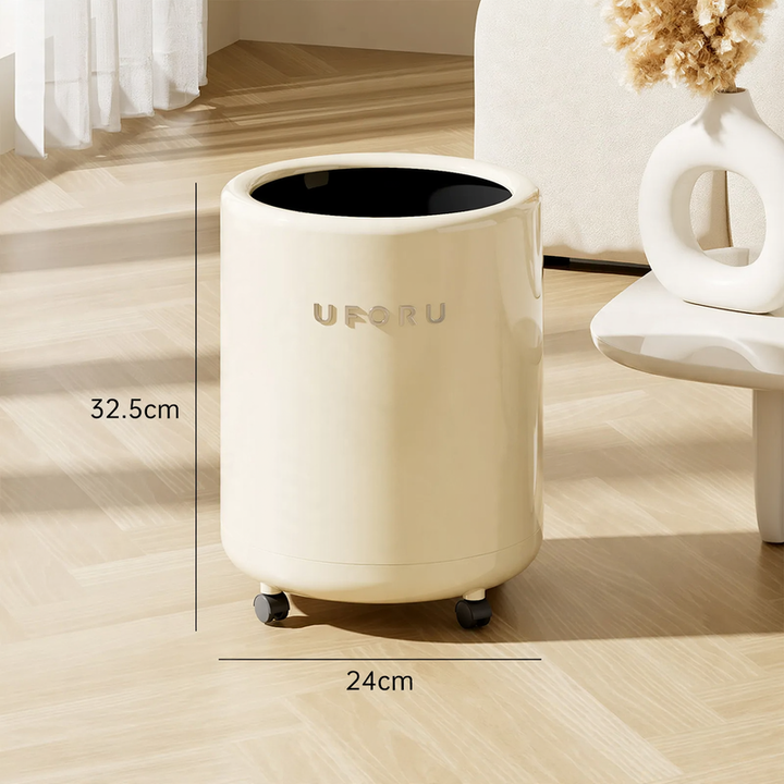 Large trash can with wheels and polka dot design