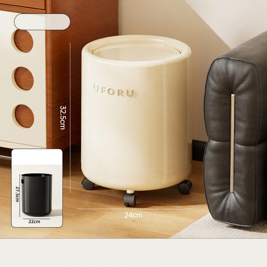 Large trash can with wheels and polka dot design