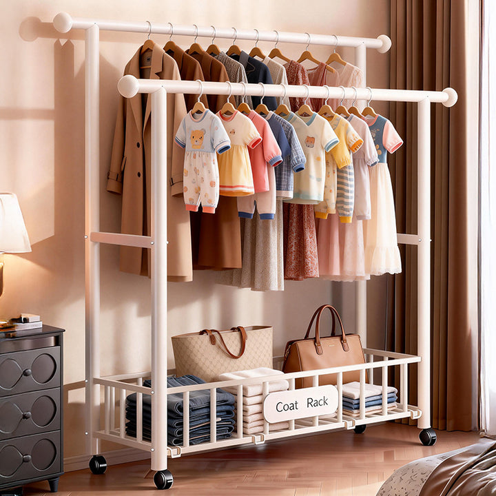 Double rod laundry rack, mobile, with net compartment
