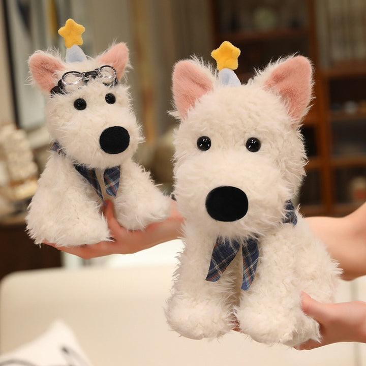 Plush dog doll with scarf, various sizes