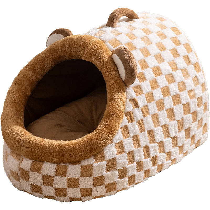 Half-open cat bed with carrying handle, warming