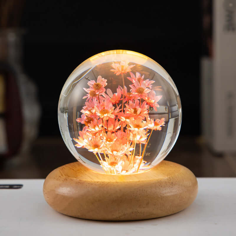 LED Night Light Flower Crystal Ball Children Night Lamp With Woodern Base Bedroom Ambient Light Creative Gift Night Light | Kalsten