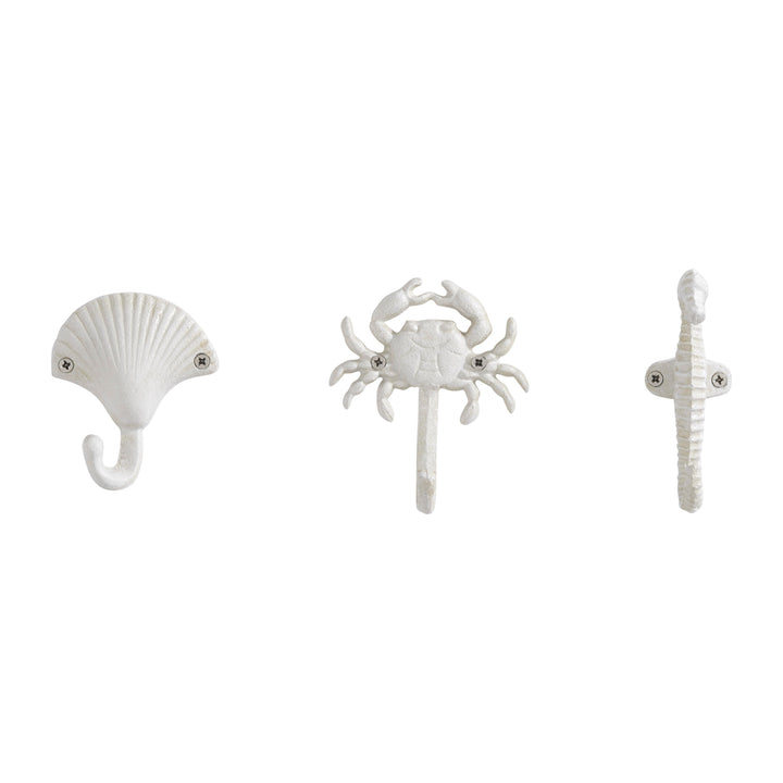 Kalsten | White Cast Iron Nautical Ocean Figure Sculpture Decorative Utility Wall Hook Set of 3 - Shell, Crab, Seahorse