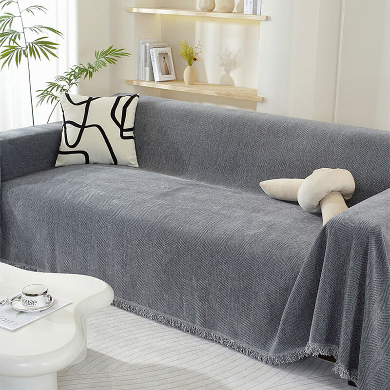 Chenille Herringbone Sofa Cover with Tassels Kalsten