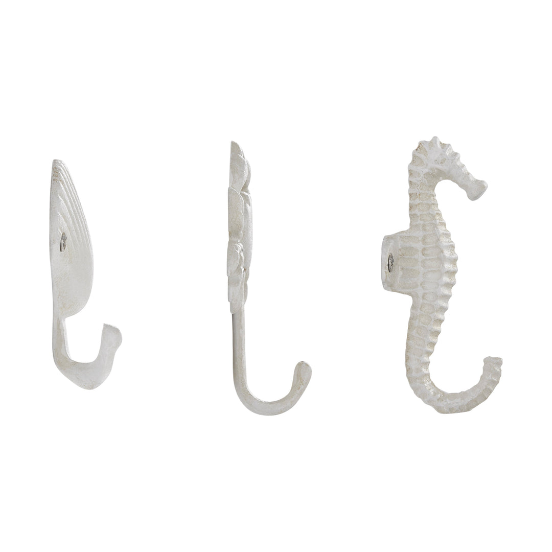 Kalsten | White Cast Iron Nautical Ocean Figure Sculpture Decorative Utility Wall Hook Set of 3 - Shell, Crab, Seahorse