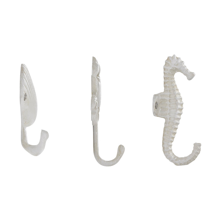 Kalsten | White Cast Iron Nautical Ocean Figure Sculpture Decorative Utility Wall Hook Set of 3 - Shell, Crab, Seahorse