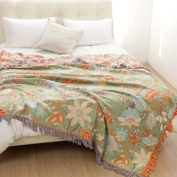 Boho Floral Cotton Throw Blanket – Soft Cream with Orange and Blue Flowers, Machine Washable, Versatile Home Decor 6