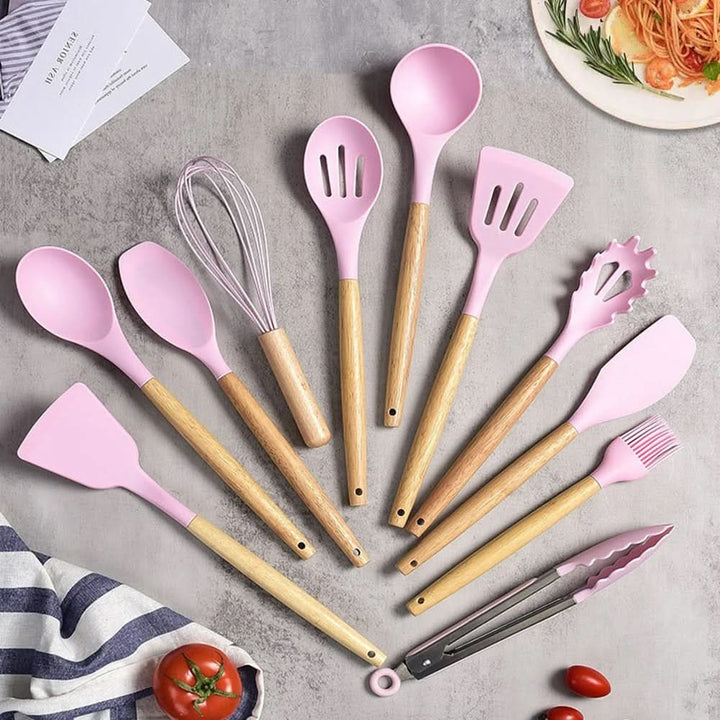 Kalsten | Non-Toxic BPA-Free Silicone Cooking Utensil Set with Wooden Handles Lattea