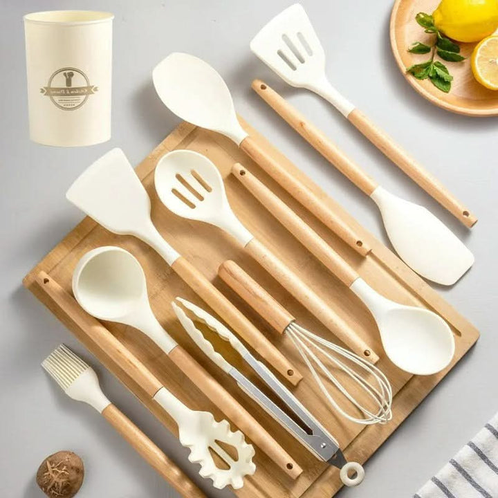 Kalsten | Non-Toxic BPA-Free Silicone Cooking Utensil Set with Wooden Handles Lattea