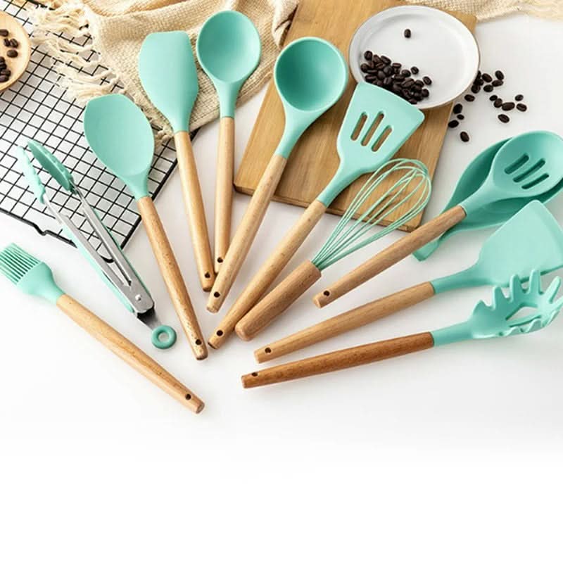 Kalsten | Non-Toxic BPA-Free Silicone Cooking Utensil Set with Wooden Handles Lattea