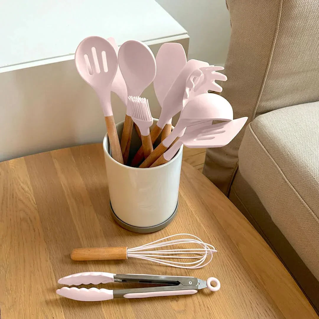 Kalsten | Non-Toxic BPA-Free Silicone Cooking Utensil Set with Wooden Handles Lattea