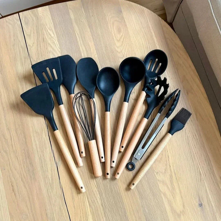 Kalsten | Non-Toxic BPA-Free Silicone Cooking Utensil Set with Wooden Handles Lattea