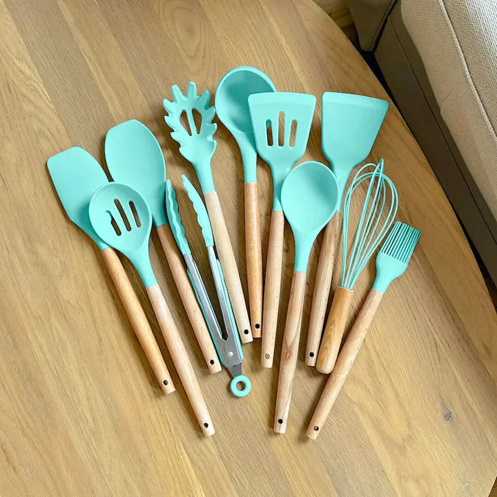 Kalsten | Non-Toxic BPA-Free Silicone Cooking Utensil Set with Wooden Handles Lattea