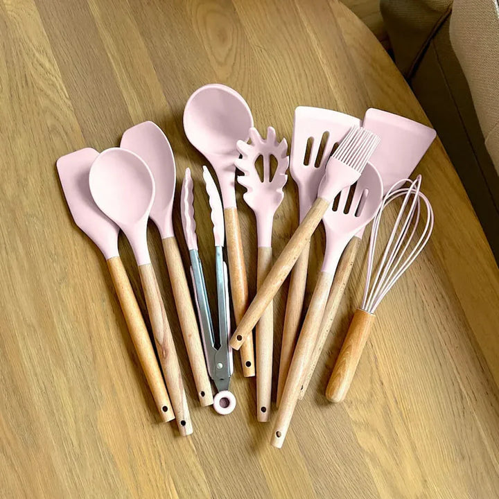 Kalsten | Non-Toxic BPA-Free Silicone Cooking Utensil Set with Wooden Handles Lattea