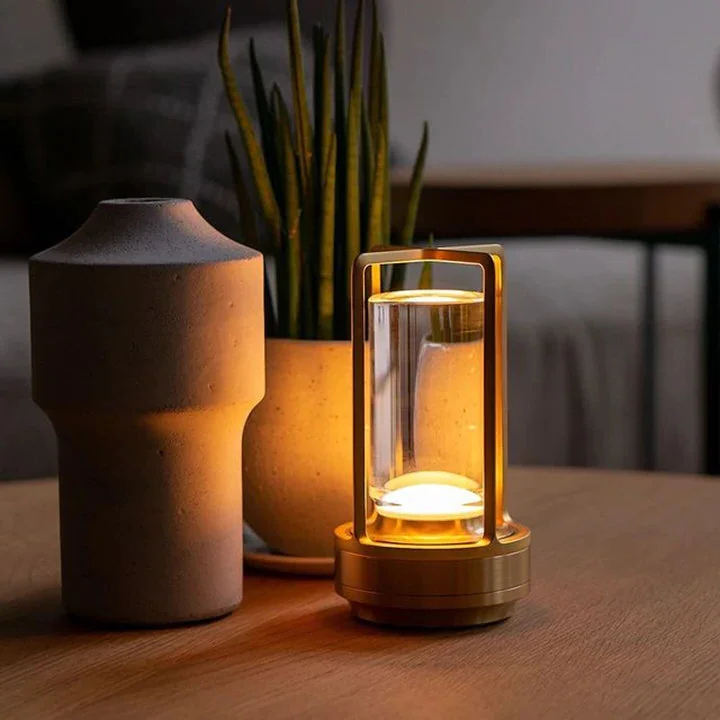 Ambient Lantern Cordless Rechargeable Small Night Table Lamp Gold | Kalsten