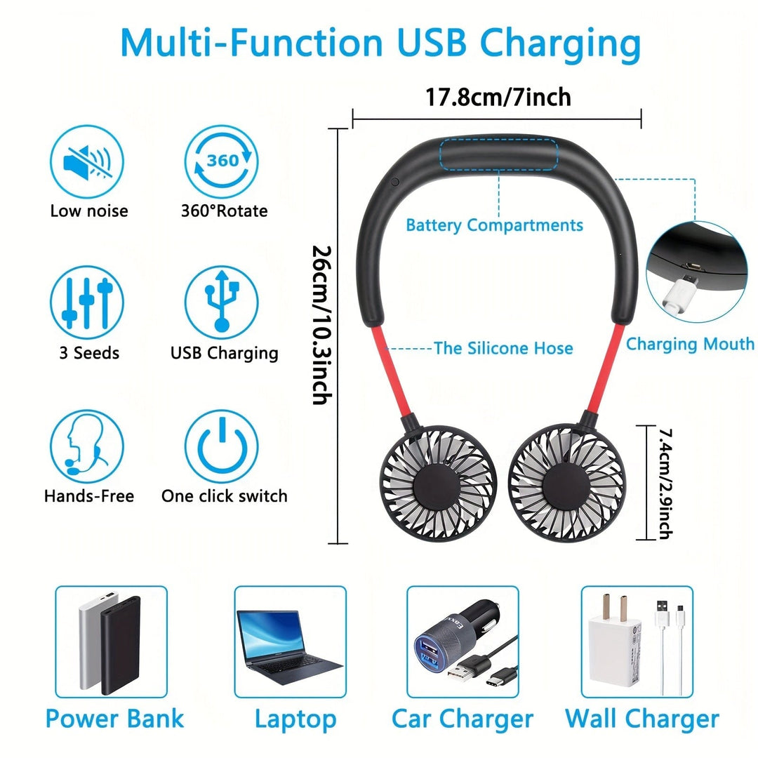 1pc USB Rechargeable Portable Neck Fan - Hands-Free Personal Wear Fan with 360° Adjustable 3-Speed Settings for Travel, Office, Home, and Outdoor Use | Kalsten