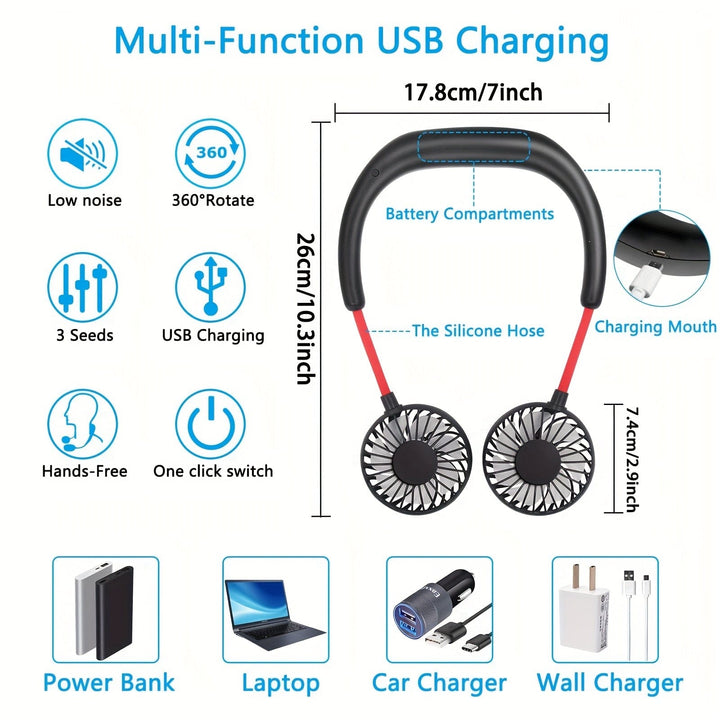 1pc USB Rechargeable Portable Neck Fan - Hands-Free Personal Wear Fan with 360° Adjustable 3-Speed Settings for Travel, Office, Home, and Outdoor Use | Kalsten