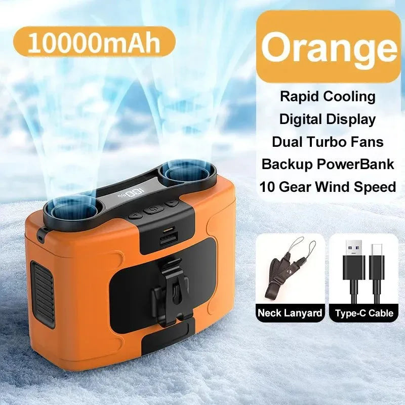 10000mAh Portable Outdoor Waist Fan – Hanging Neck & Strong Wind with Power Bank & LED Lighting | Kalsten