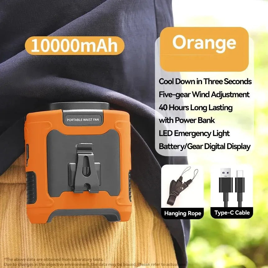 10000mAh Portable Outdoor Waist Fan – Hanging Neck & Strong Wind with Power Bank & LED Lighting | Kalsten