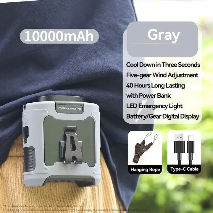 10000mAh Portable Outdoor Waist Fan – Hanging Neck & Strong Wind with Power Bank & LED Lighting | Kalsten