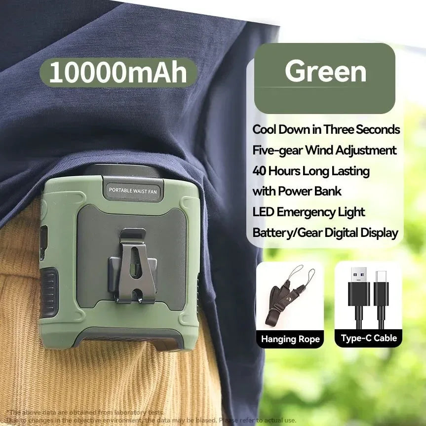 10000mAh Portable Outdoor Waist Fan – Hanging Neck & Strong Wind with Power Bank & LED Lighting | Kalsten