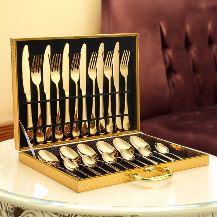 Kalsten | Opulent Gold Cutlery Set - The elegant 24-piece gold and silver cutlery set