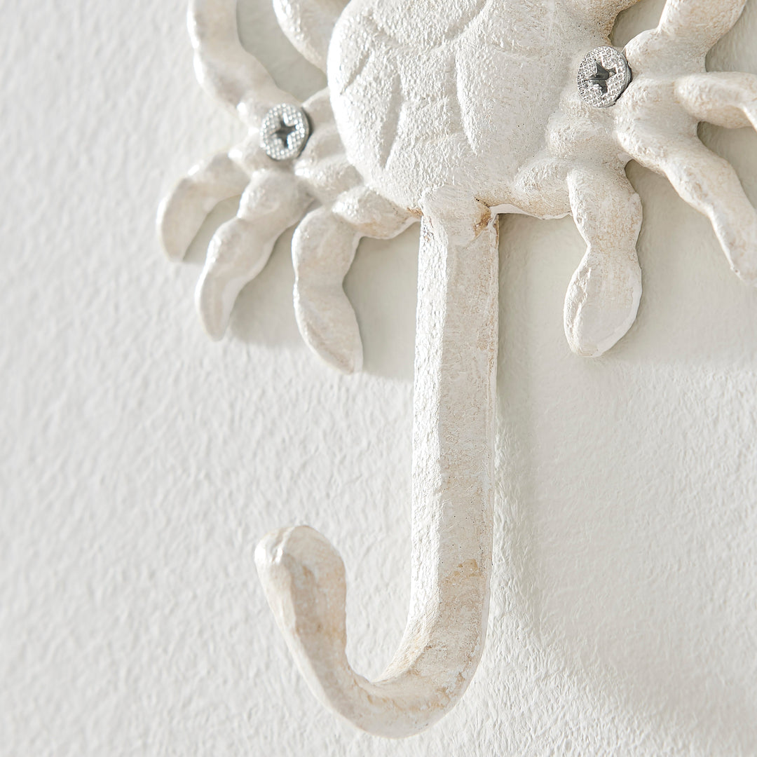 Kalsten | White Cast Iron Nautical Ocean Figure Sculpture Decorative Utility Wall Hook Set of 3 - Shell, Crab, Seahorse